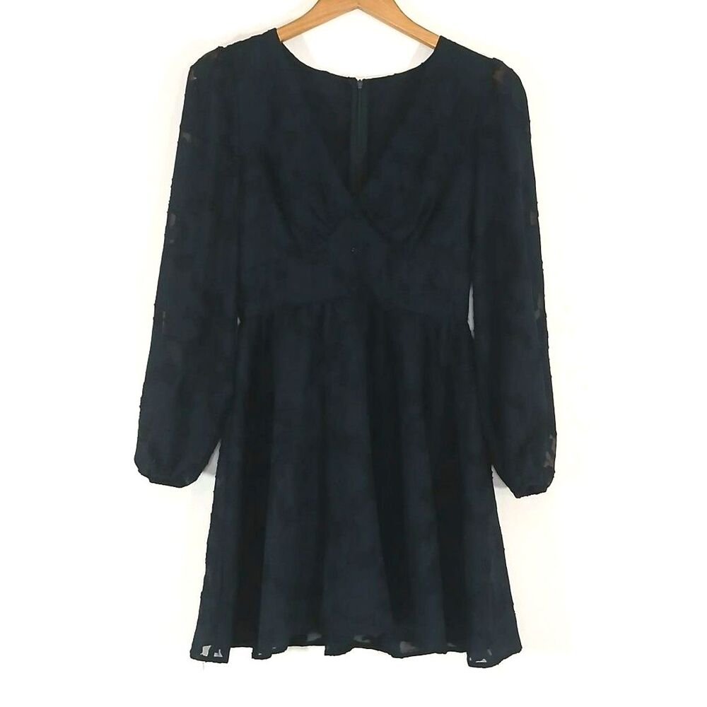 Elegant Dark Blue Floral Mesh Long Sleeve V-Neck Skater Mini Dress Small